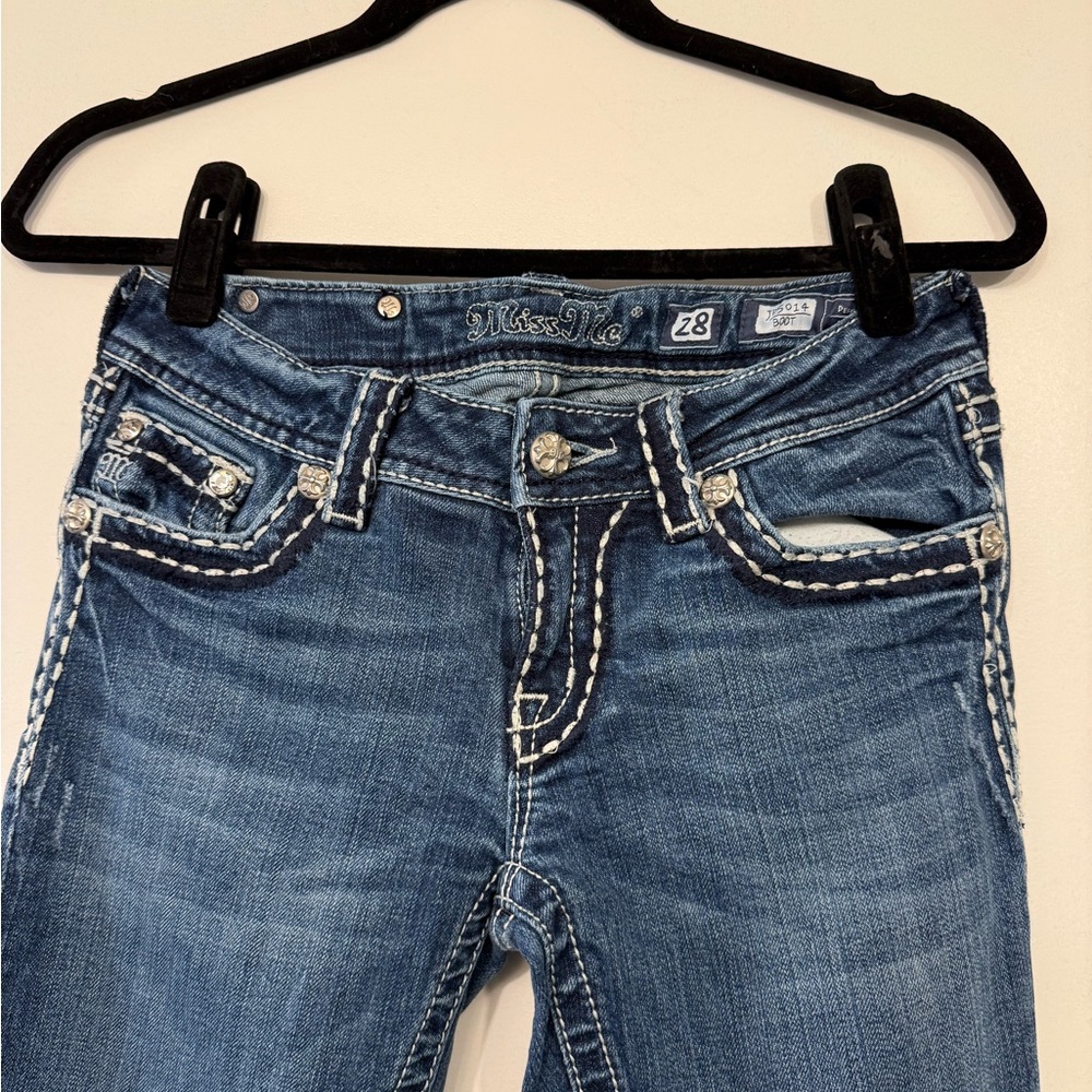 Miss Me Bootcut Jeans Size 28 Thick Stitch Embellished Pocket Medium Wash - Picture 4 of 6